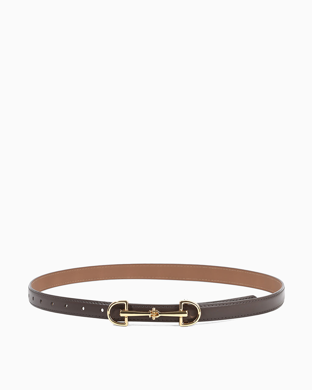 A slim coffee-brown leather belt with a gold-tone horsebit buckle