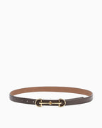 A slim coffee-brown leather belt with a gold-tone horsebit buckle