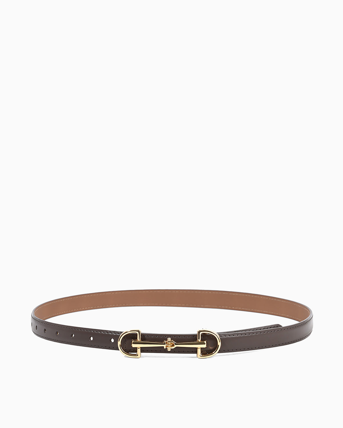 A slim coffee-brown leather belt with a gold-tone horsebit buckle
