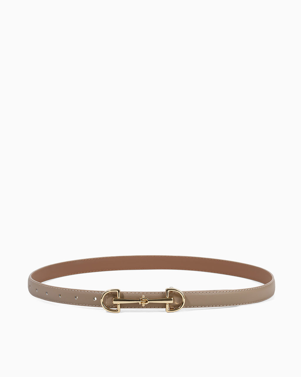 A slim khaki leather belt with a polished gold-tone horsebit buckle
