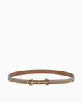 A slim khaki leather belt with a polished gold-tone horsebit buckle