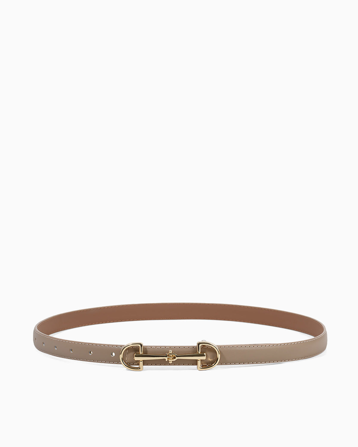 A slim khaki leather belt with a polished gold-tone horsebit buckle