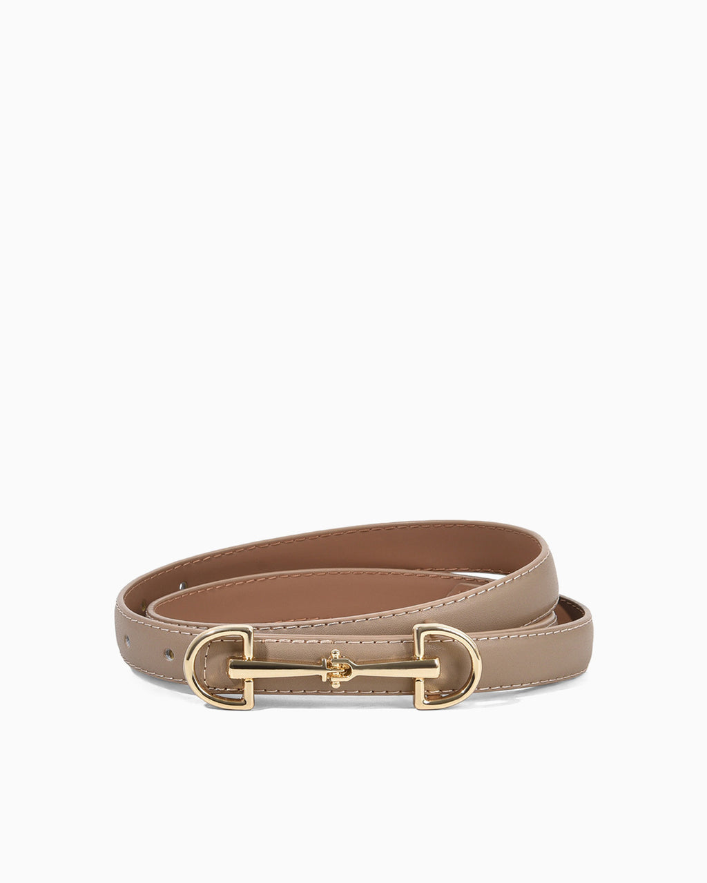 A slim khaki leather belt with a polished gold-tone horsebit buckle