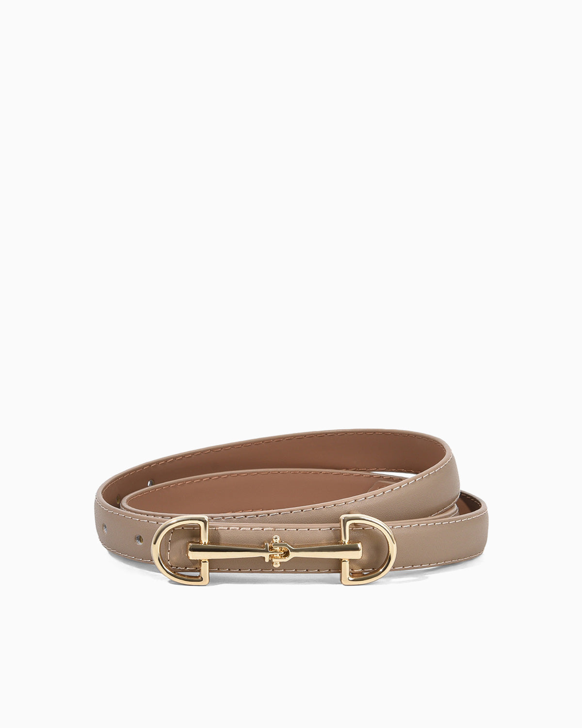 A slim khaki leather belt with a polished gold-tone horsebit buckle