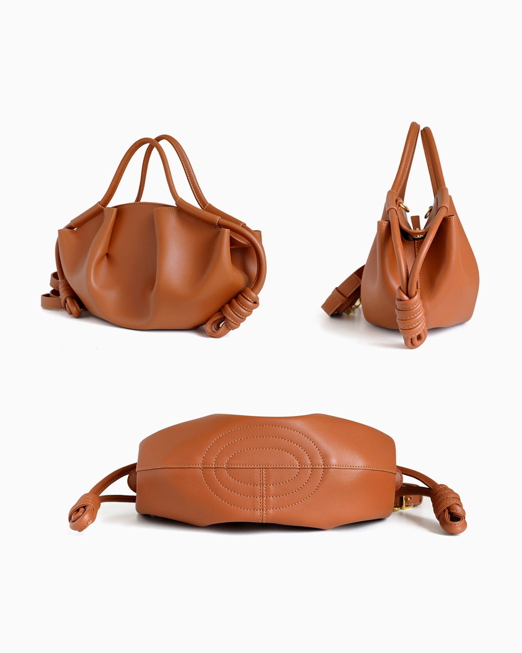 Dumpling Handbag with Knotted Strap shown from three angles: front, side, and top-down. The bag features a soft, slouchy silhouette with knotted leather handles and a quilted circular pattern on the bottom.