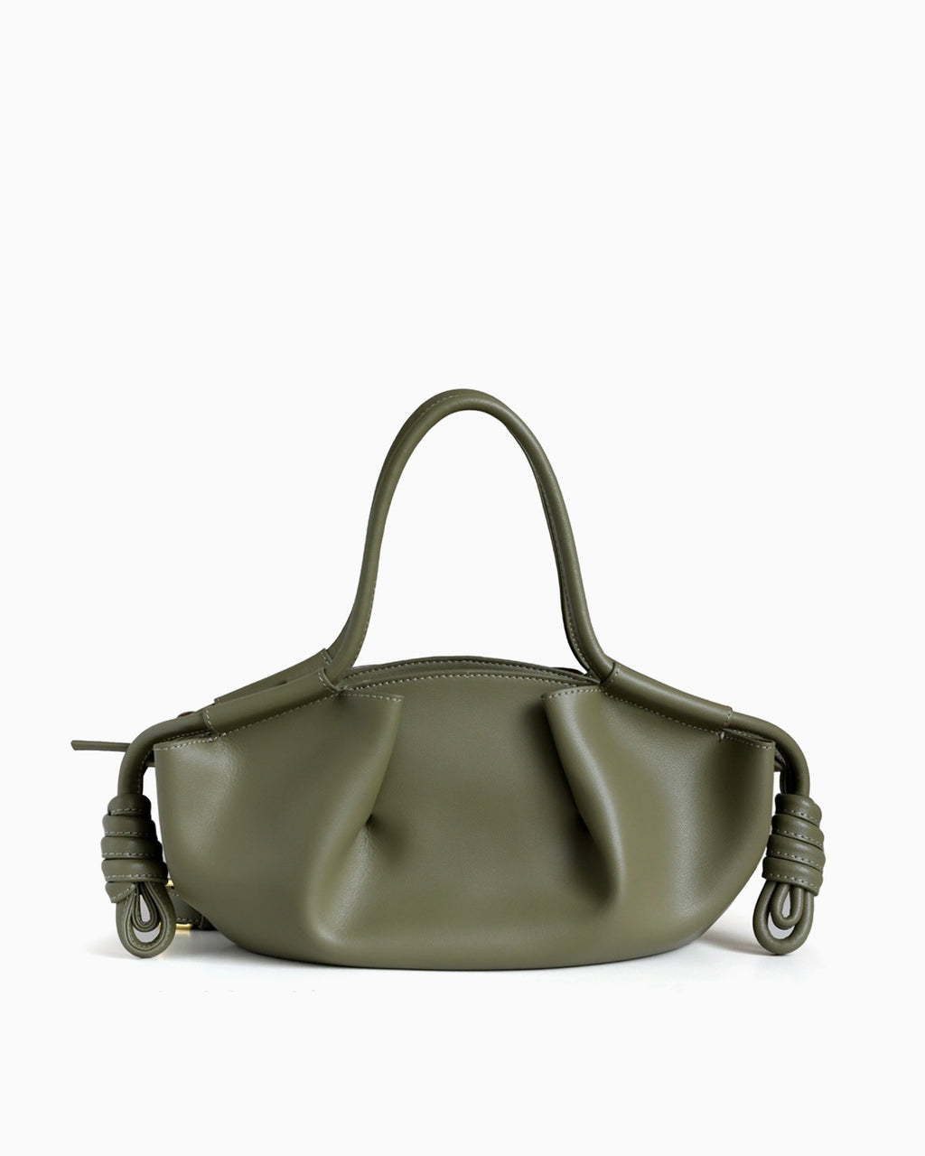 A Green Genuine Pleated Leather Dumpling Handbag with a slouchy, gathered silhouette, a dual top handle, and knotted leather details on the sides | BUCKLE Collective