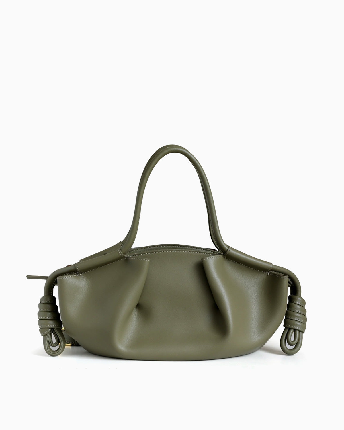 A Green Genuine Pleated Leather Dumpling Handbag with a slouchy, gathered silhouette, a dual top handle, and knotted leather details on the sides | BUCKLE Collective