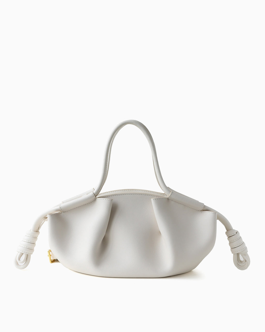 A white leather handbag with a unique sculptural, gathered shape, double top handles, and knotted leather strap ends by BUCKLE Collective