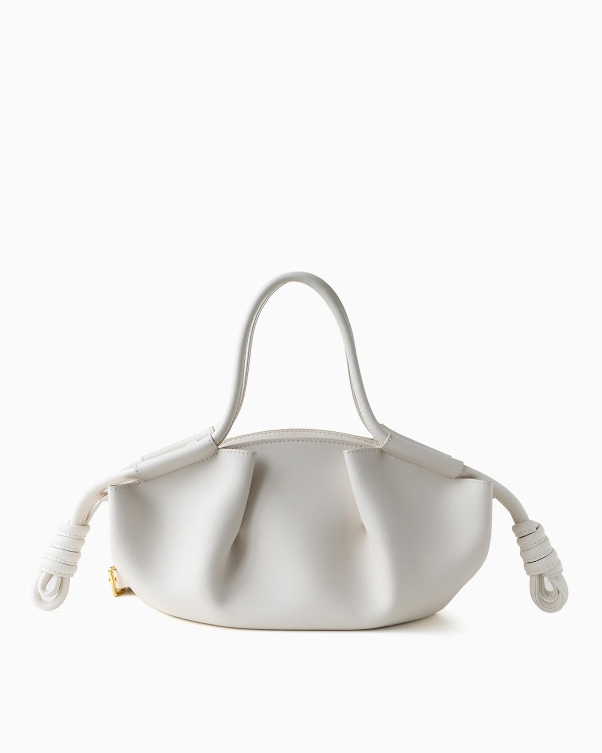 A white leather handbag with a unique sculptural, gathered shape, double top handles, and knotted leather strap ends by BUCKLE Collective