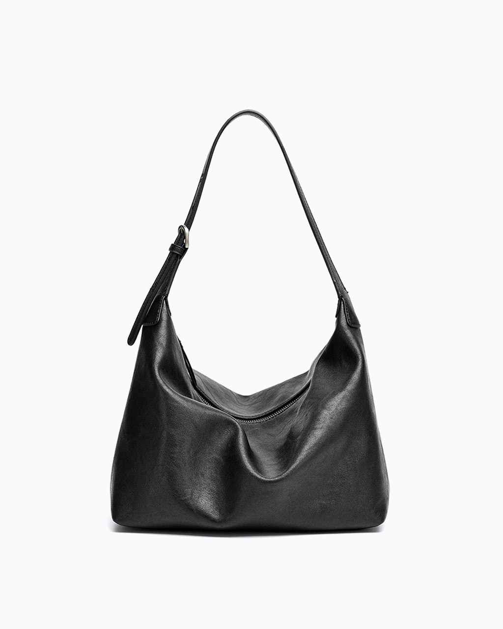 A black leather slouchy Hobo bag with a single adjustable strap, photographed against a plain white background.