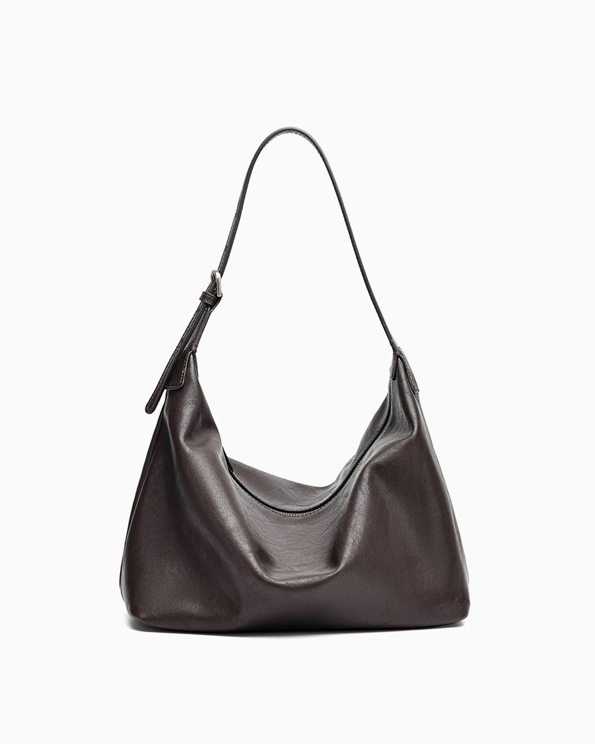 A coffee-brown leather slouchy shoulder Hobo bag with a single adjustable strap, photographed against a plain white background.