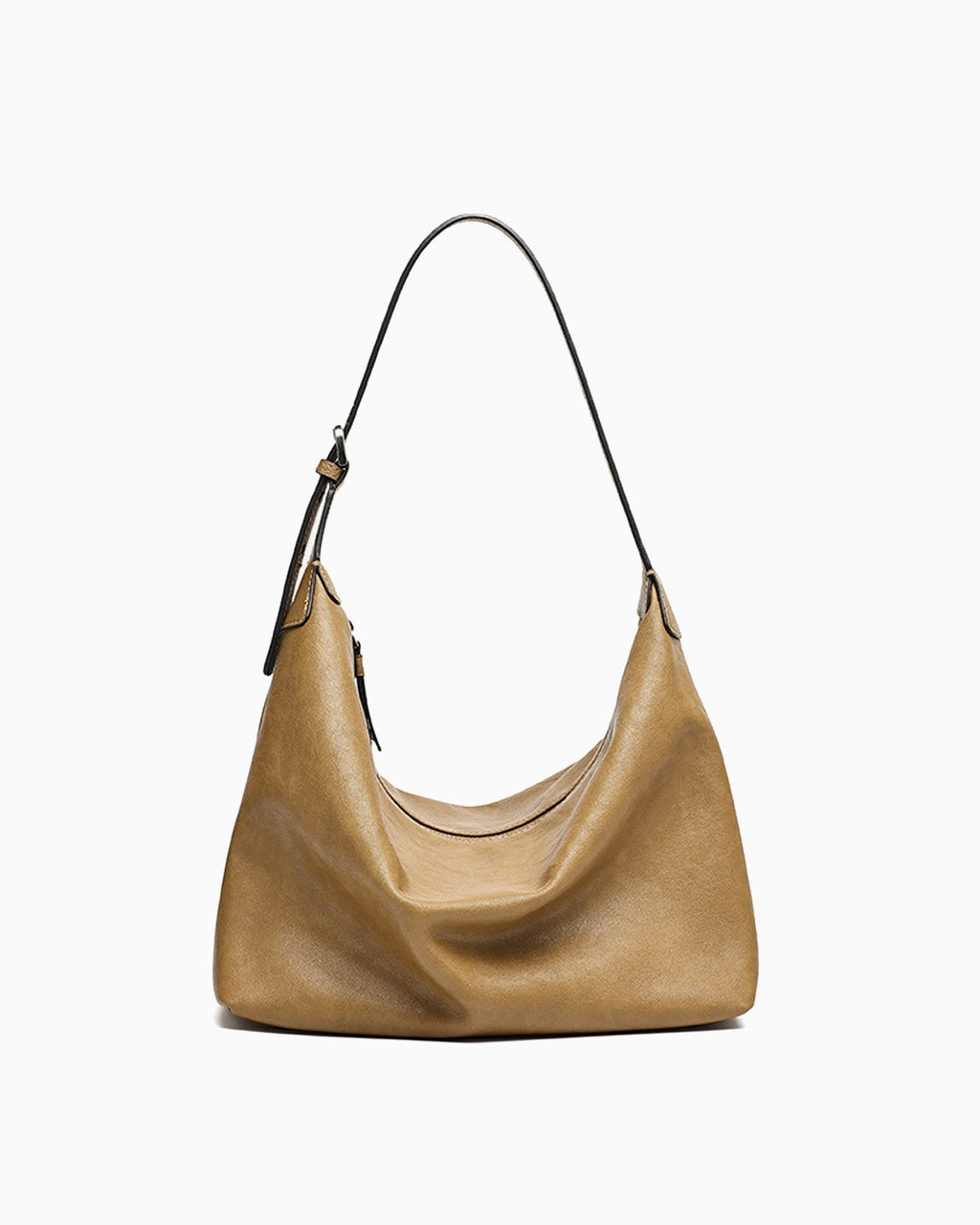 A taupe leather slouchy shoulder bag with an adjustable strap, shown against a plain white background.