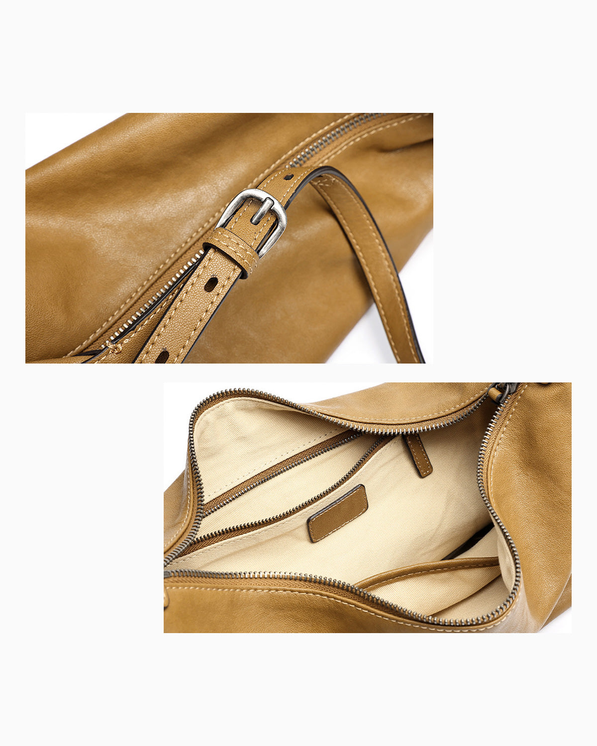 Two close-up views of a tan leather Hobo bag on a white background: one showing the exterior zipper and strap detail, and the other showing the open interior with a cream-colored lining.