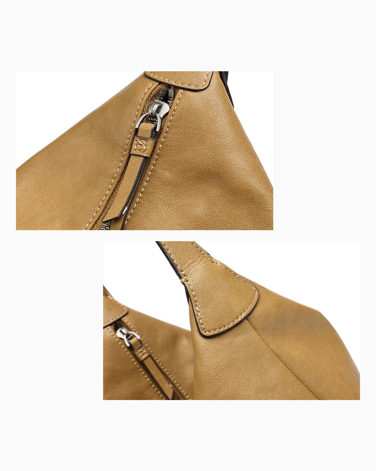 Close-up detail shots of a tan leather shoulder Hobo bag showing the side zipper and strap attachment on a white background.