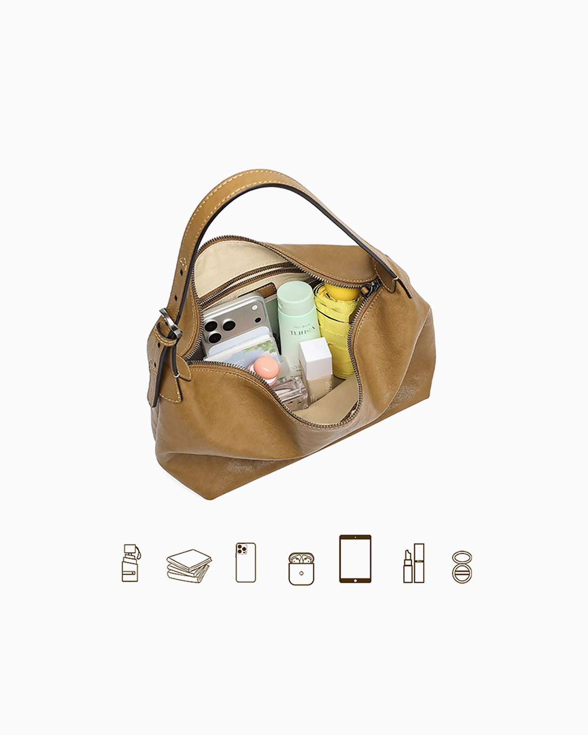 A tan leather shoulder bag shown open on a white background, filled with assorted travel items such as a smartphone, toiletry bottle, and small accessories. Thin outline icons along the bottom indicate included compartments or features.