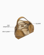 A taupe leather handbag shown from above on a white background, with callout lines labeling the main compartment, slide-in pocket, and zip pocket.