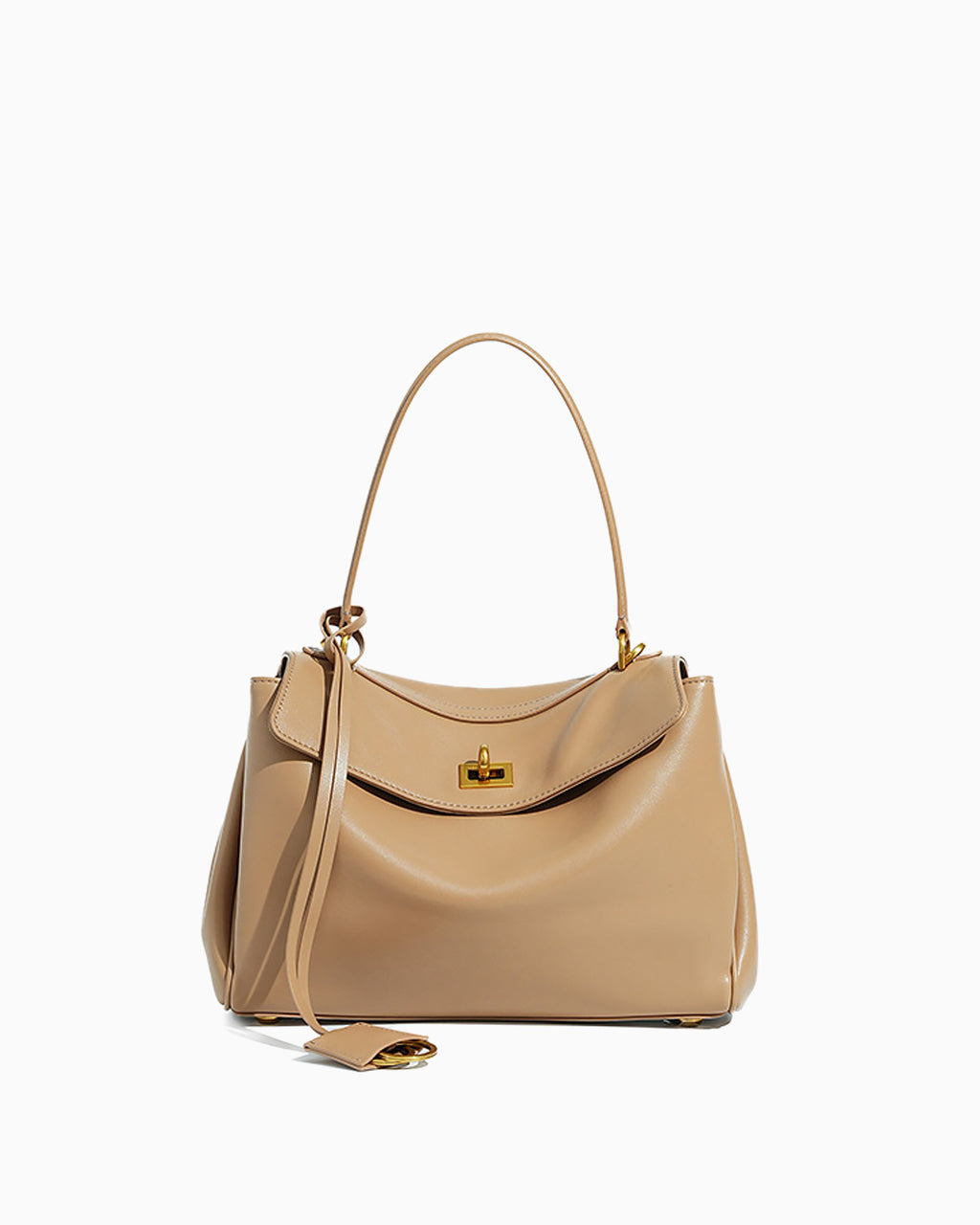 A beige leather handbag with a top handle, a detachable shoulder strap, and a small gold-tone logo plaque on the front, shown against a plain white background.
