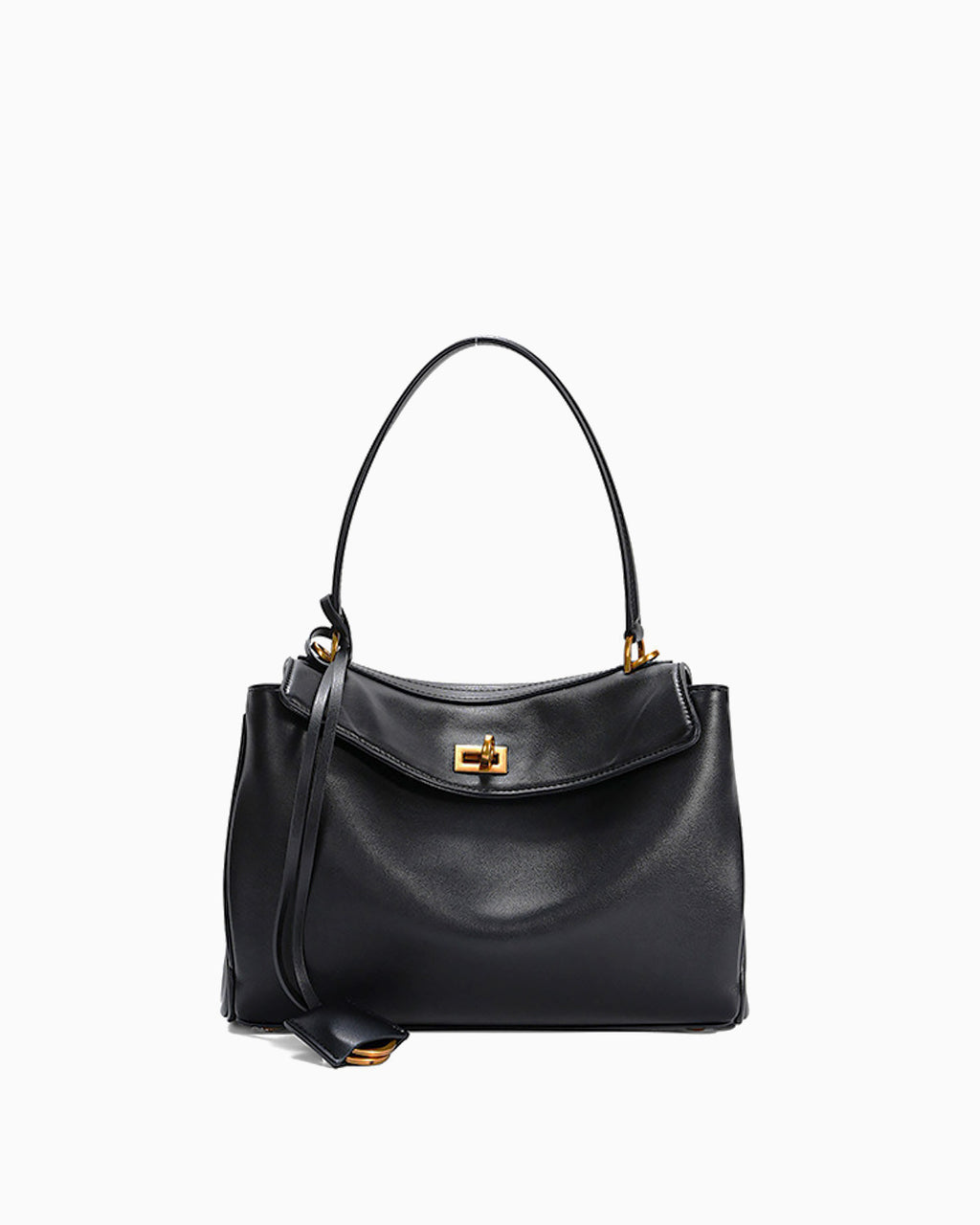 A black leather handbag with a top handle, a front flap featuring a gold-tone clasp, and a detachable shoulder strap, shown against a plain white background.