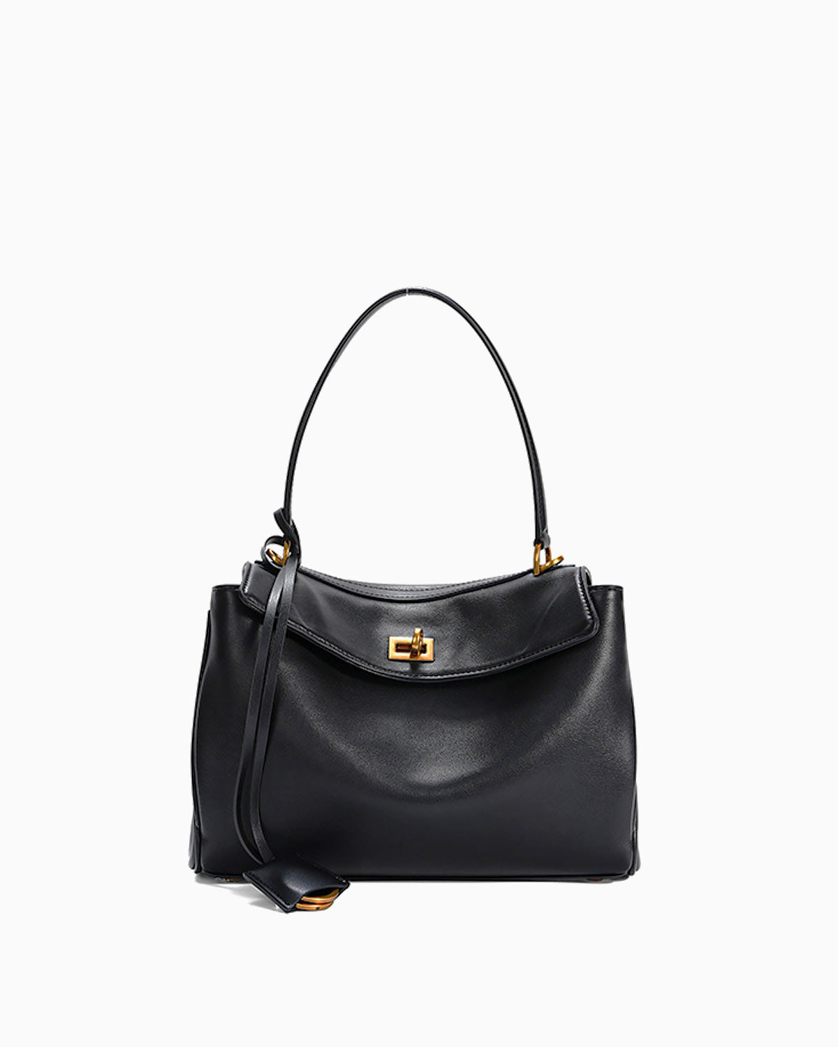 A black leather handbag with a top handle, a front flap featuring a gold-tone clasp, and a detachable shoulder strap, shown against a plain white background.