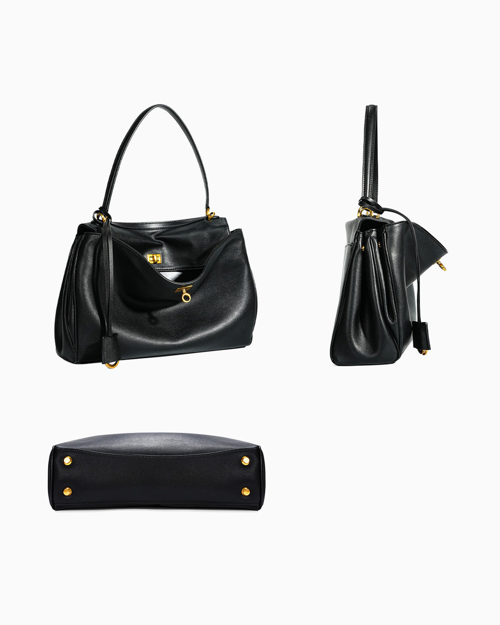 A black leather shoulder bag shown from three angles: front, side, and bottom. The bag features gold-tone hardware, a top handle, and a tassel detail, set against a plain white background.
