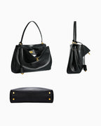 A black leather shoulder bag shown from three angles: front, side, and bottom. The bag features gold-tone hardware, a top handle, and a tassel detail, set against a plain white background.