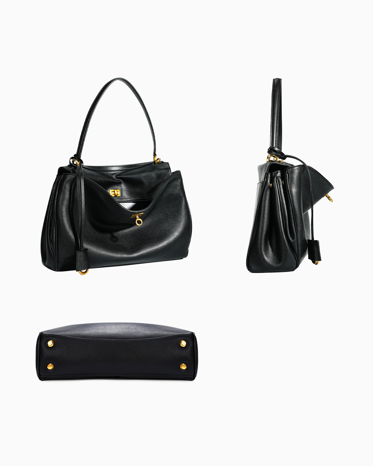 A black leather shoulder bag shown from three angles: front, side, and bottom. The bag features gold-tone hardware, a top handle, and a tassel detail, set against a plain white background.