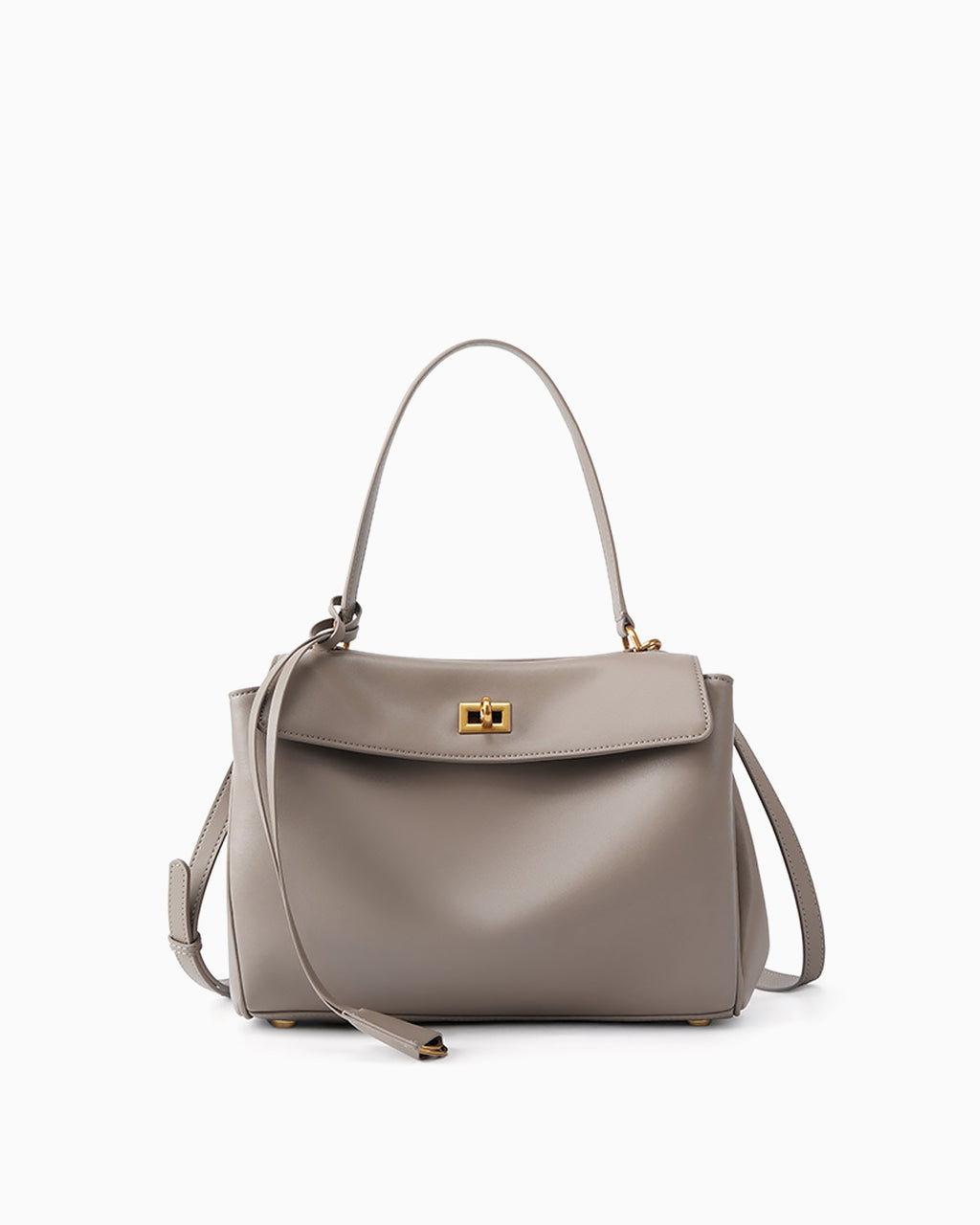 An elephant gray leather handbag with a top handle, a detachable shoulder strap, and a gold-tone turn-lock clasp on a plain white background.