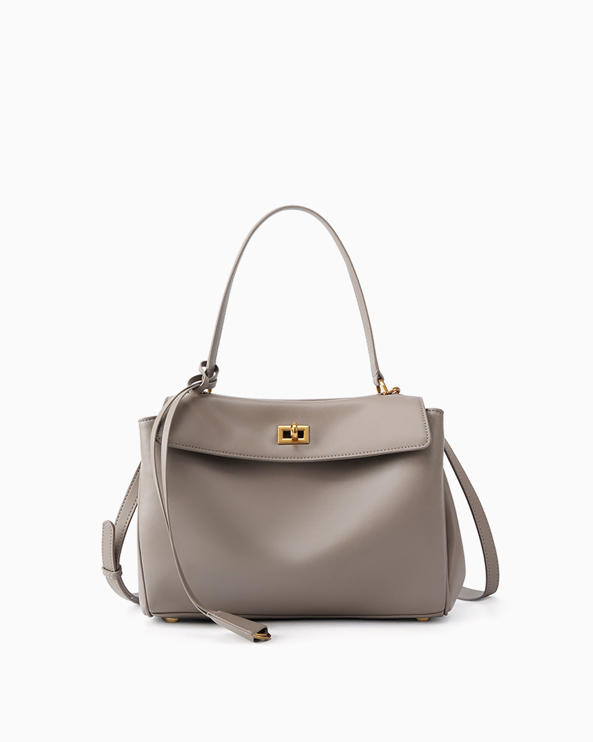 An elephant gray leather handbag with a top handle, a detachable shoulder strap, and a gold-tone turn-lock clasp on a plain white background.