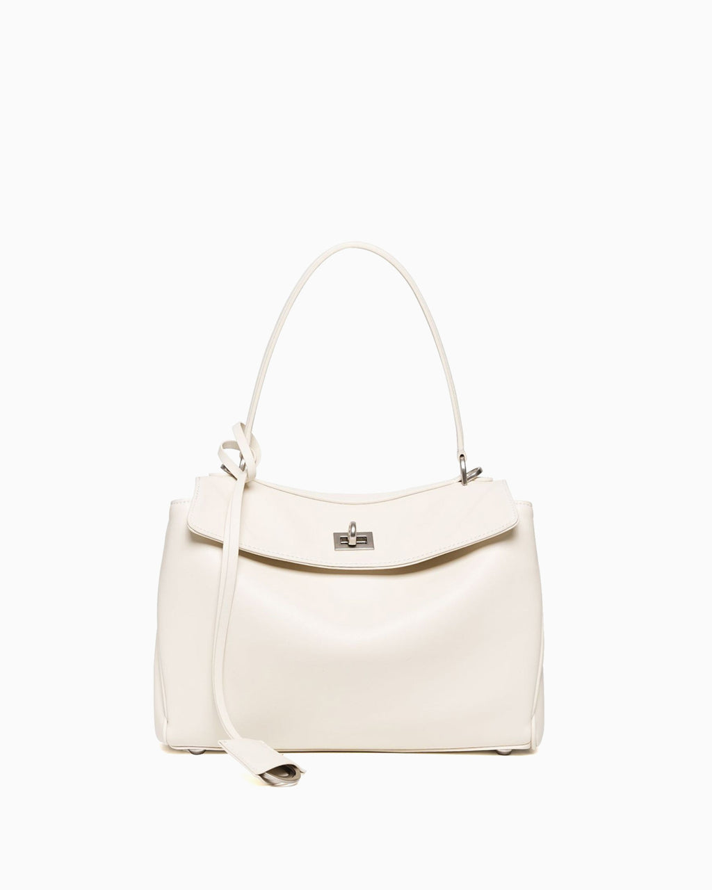 An off-white leather handbag with a top handle, a flap closure, and silver-tone hardware, shown against a plain white background.