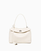 An off-white leather handbag with a top handle, a flap closure, and silver-tone hardware, shown against a plain white background.