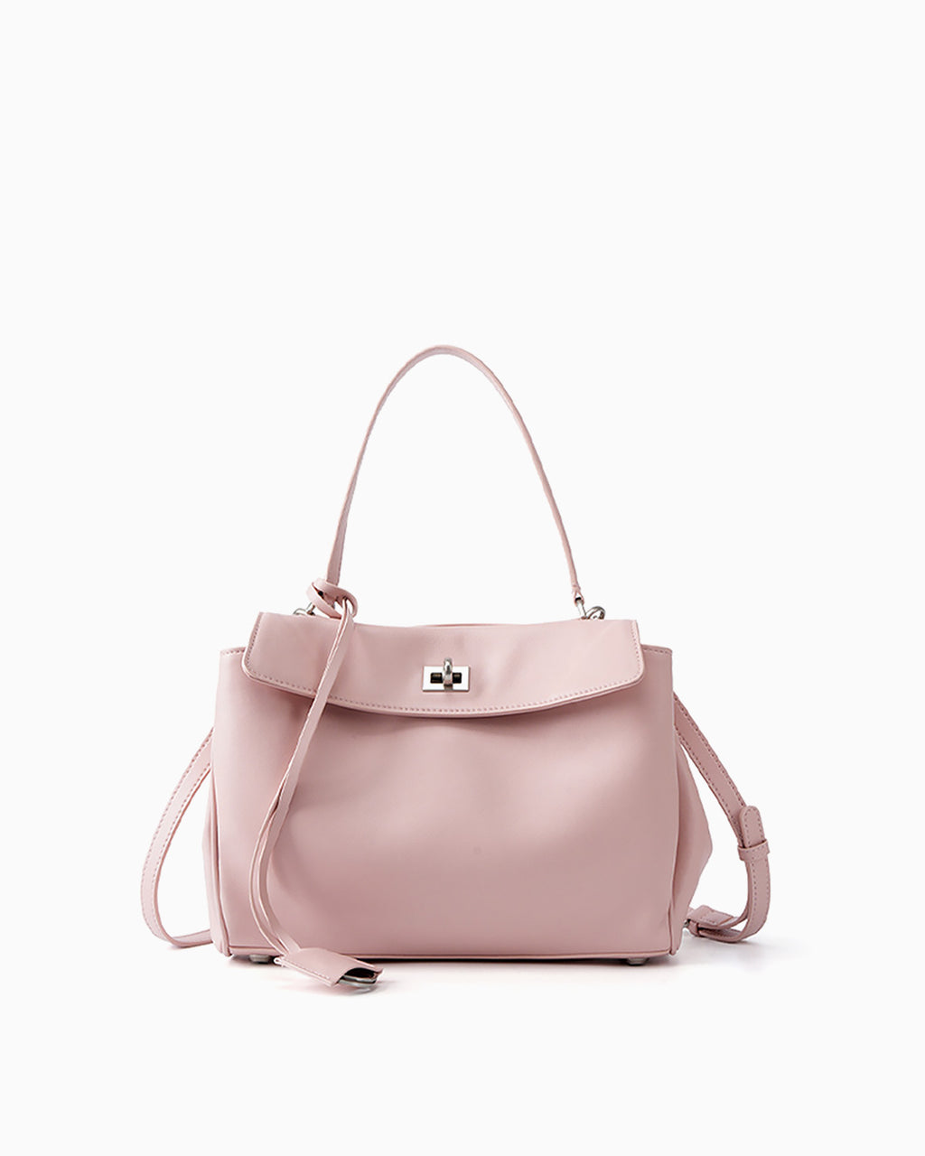 A light pink leather handbag with a top handle, a flap closure, and a silver turn-lock clasp, shown on a plain white background.