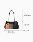 Dark Coffee Brown Genuine Full-Grain Leather Commuter Shoulder Bag with dimension lines and measurements indicating width, height, and depth, plus a phone and laptop placed inside for scale | BUCKLE Collective