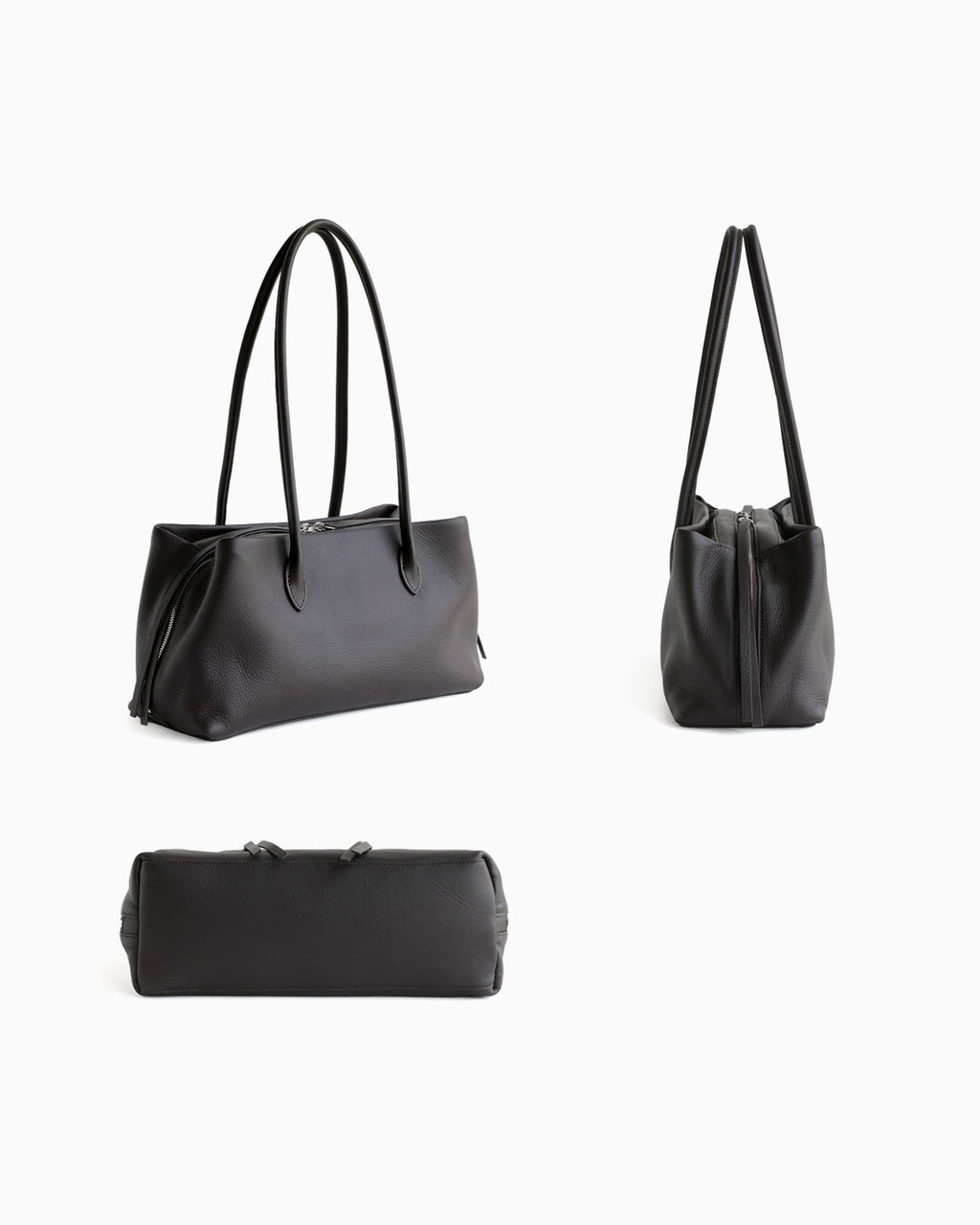 A dark brown leather shoulder bag shown from three angles: a wider three-quarter view with two handles, a front-facing view with a zip closure, and a side profile view | BUCKLE Collective