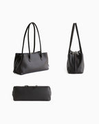 A dark brown leather shoulder bag shown from three angles: a wider three-quarter view with two handles, a front-facing view with a zip closure, and a side profile view | BUCKLE Collective