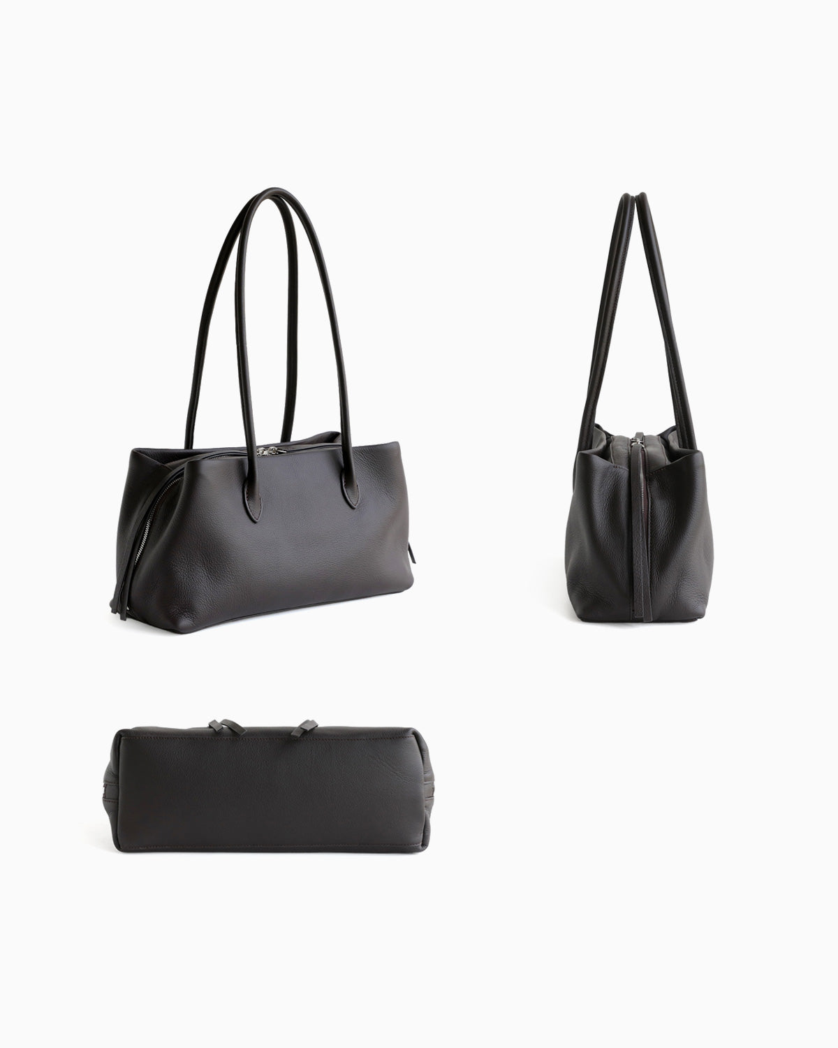 A dark brown leather shoulder bag shown from three angles: a wider three-quarter view with two handles, a front-facing view with a zip closure, and a side profile view | BUCKLE Collective