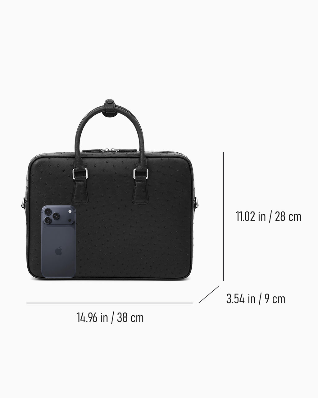 Dimensions of a Black Genuine Ostrich Leather Men's Briefcase by BUCKLE Collective