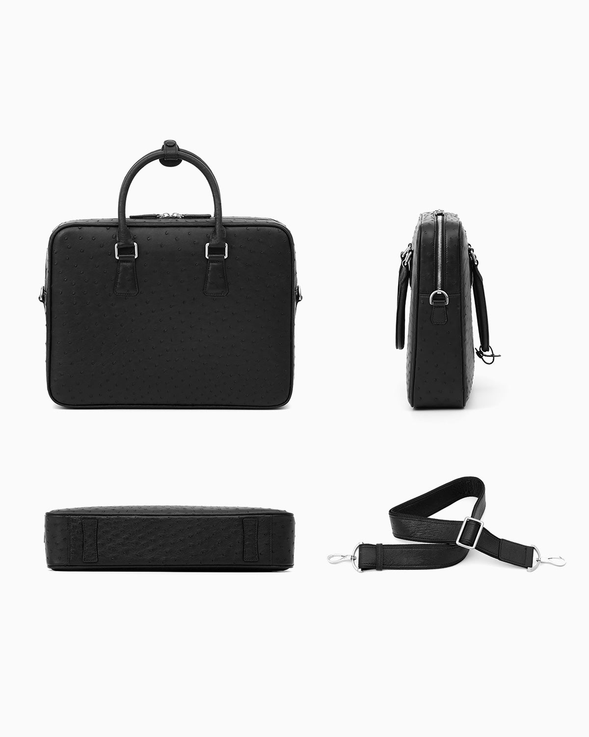 Black genuine ostrich leather briefcase shown from multiple angles on a white background, including front view with top handle, side profile, closed back view, and detached shoulder strap | BUCKLE Collective