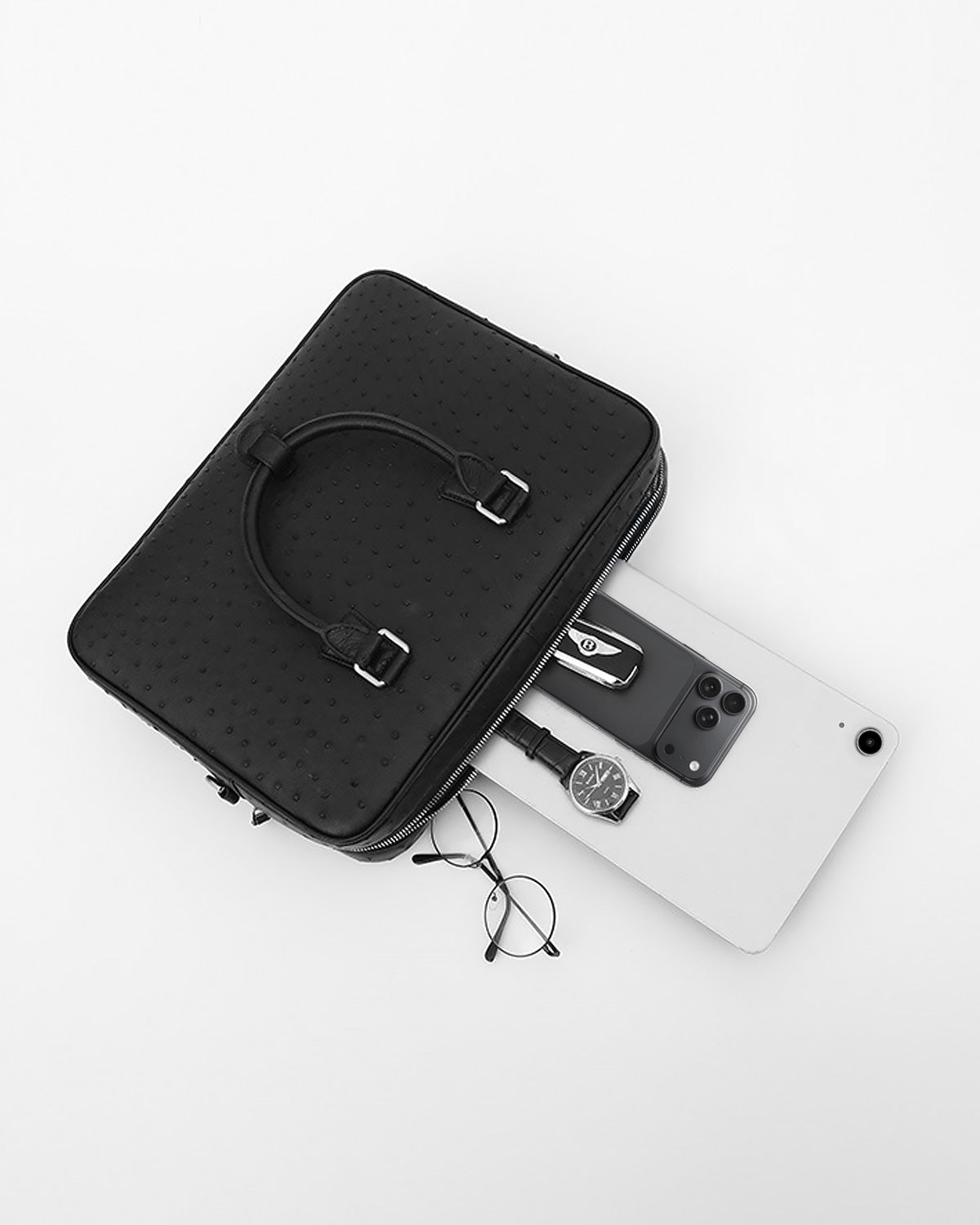 Capacity of Black Genuine Ostrich Leather Men's Briefcase by BUCKLE Collective