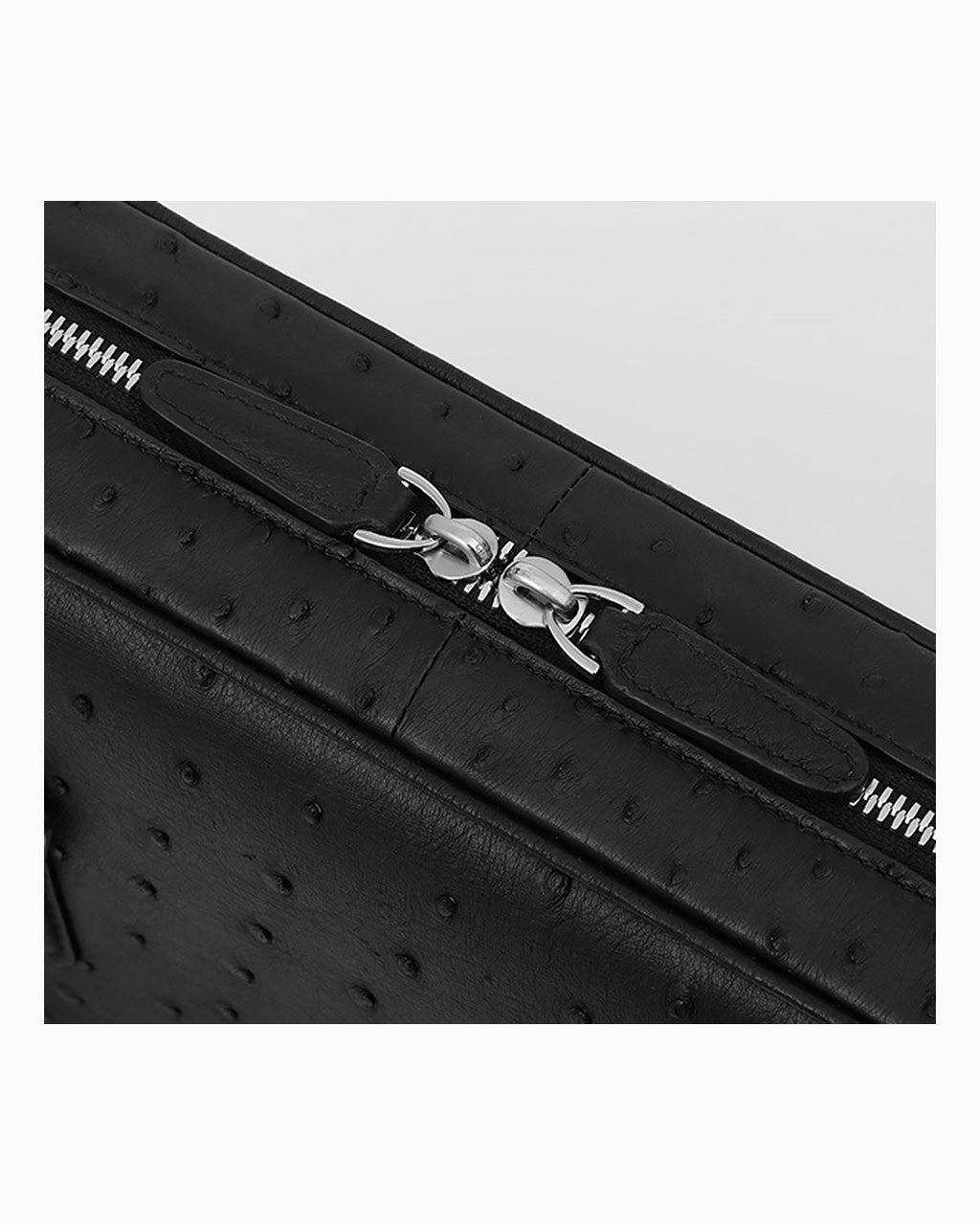 Close-up of a black genuine ostrich leather bag with a silver-toned zipper and a silver-toned metal beetle-shaped zipper pull | BUCKLE Collective