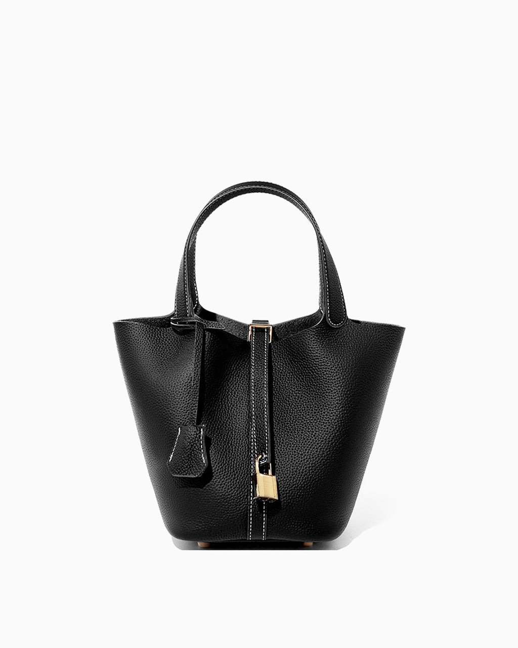 Genuine Togo Leather Bucket Bag with Lock and Key, Black color with White stitching