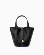 Genuine Togo Leather Bucket Bag with Lock and Key, Black color with White stitching
