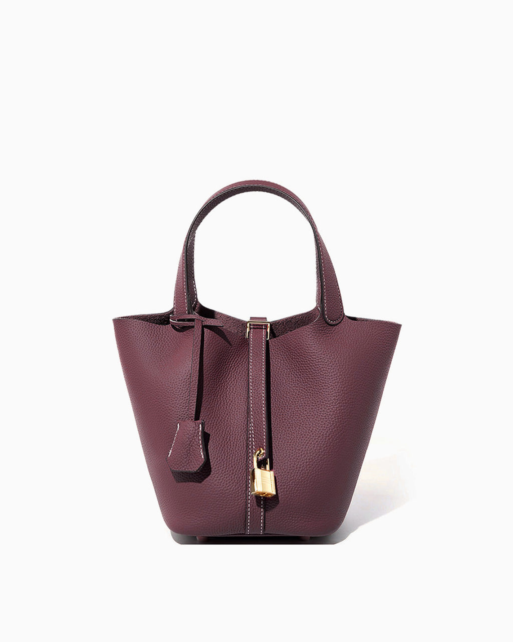 Genuine Togo Leather Bucket Bag with Lock and Key, Burgundy color