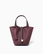 Genuine Togo Leather Bucket Bag with Lock and Key, Burgundy color