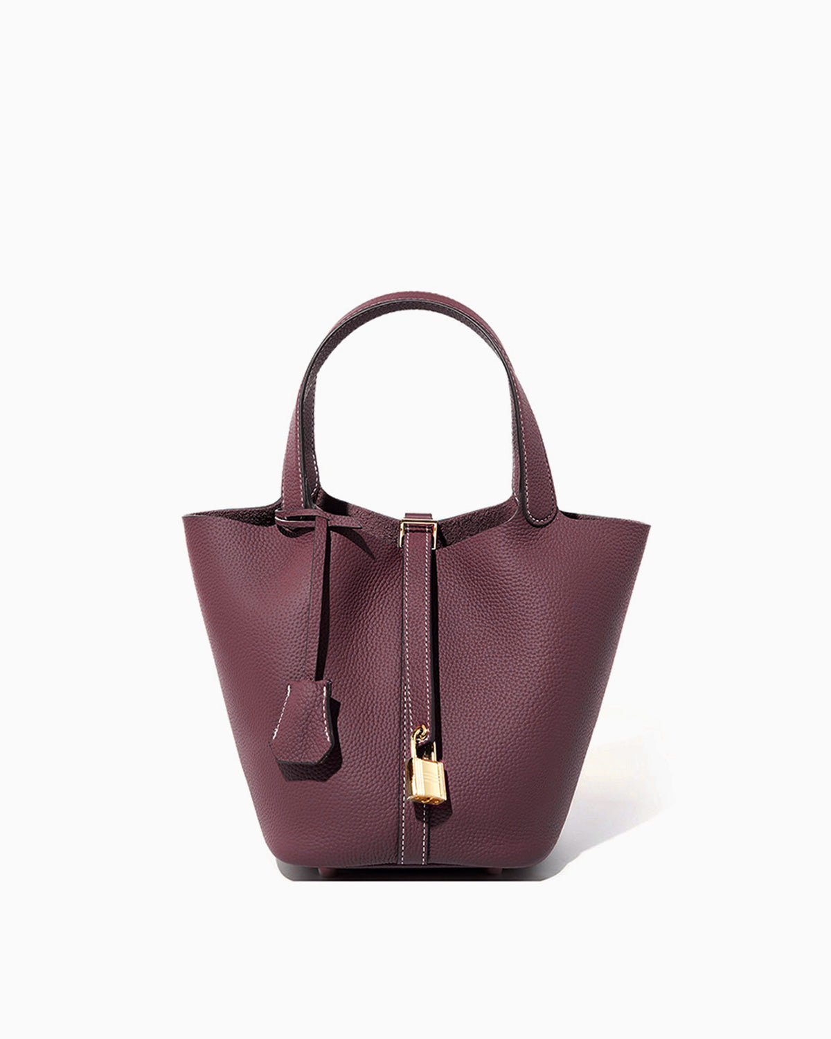 Genuine Togo Leather Bucket Bag with Lock and Key, Burgundy color