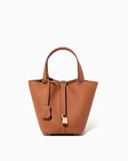 Genuine Togo Leather Bucket Bag with Lock and Key, Light Brown color with White stitching