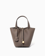 Genuine Togo Leather Bucket Bag with Gold Lock and Key, Elephant Grey color