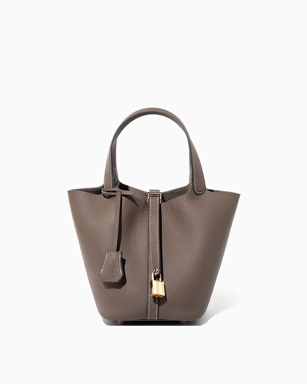 Genuine Togo Leather Bucket Bag with Gold Lock and Key, Elephant Grey color