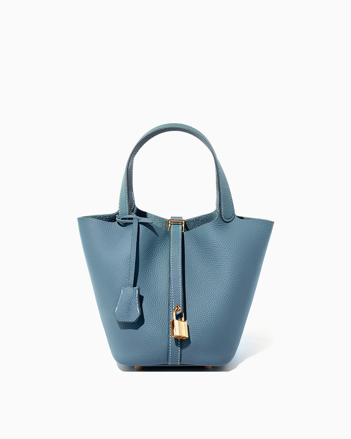 Genuine Togo Leather Bucket Bag with Lock and Key, Misty Blue color