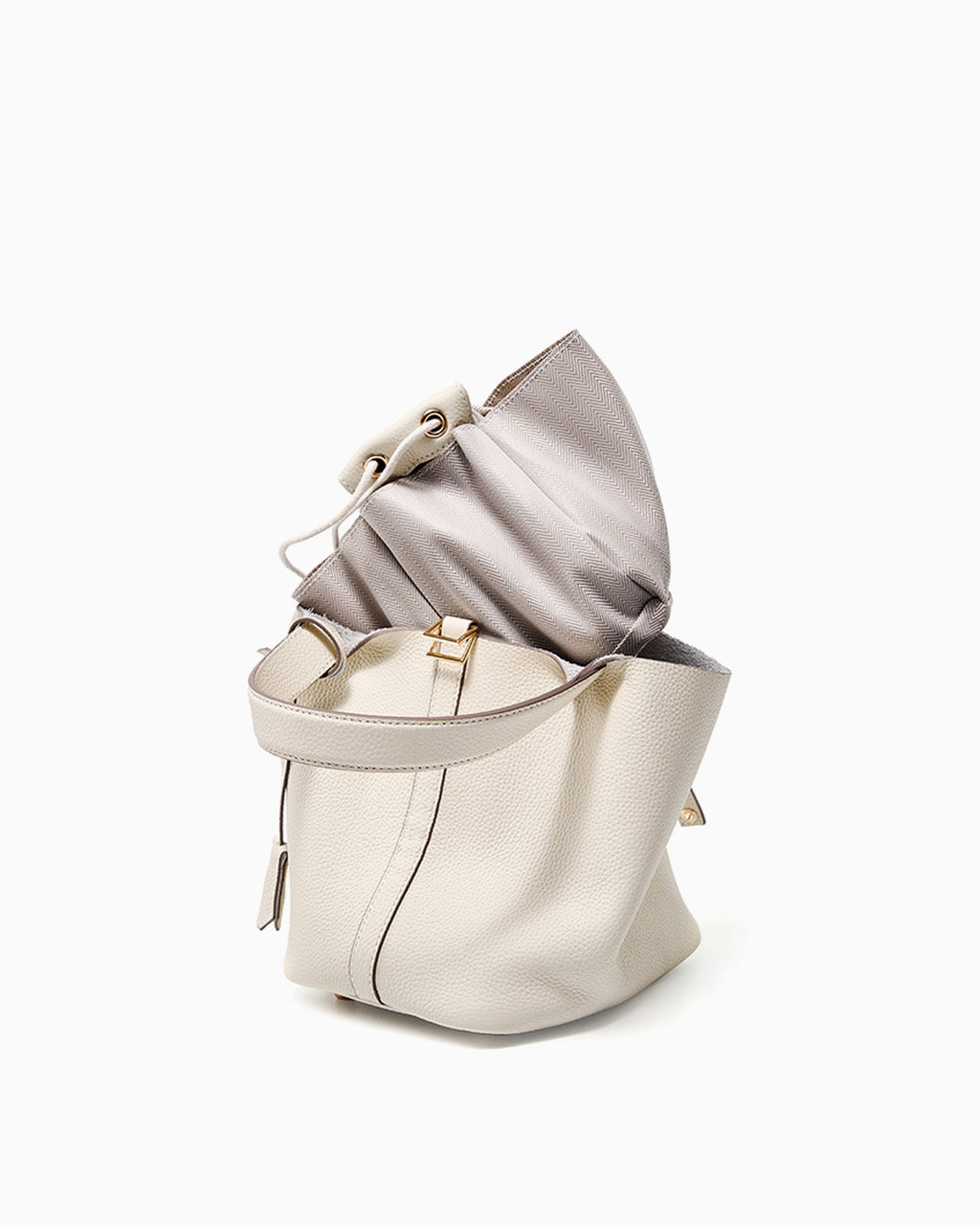 Genuine Togo Leather Bucket Bag with Lock and Key and removable pouch, Off-White color
