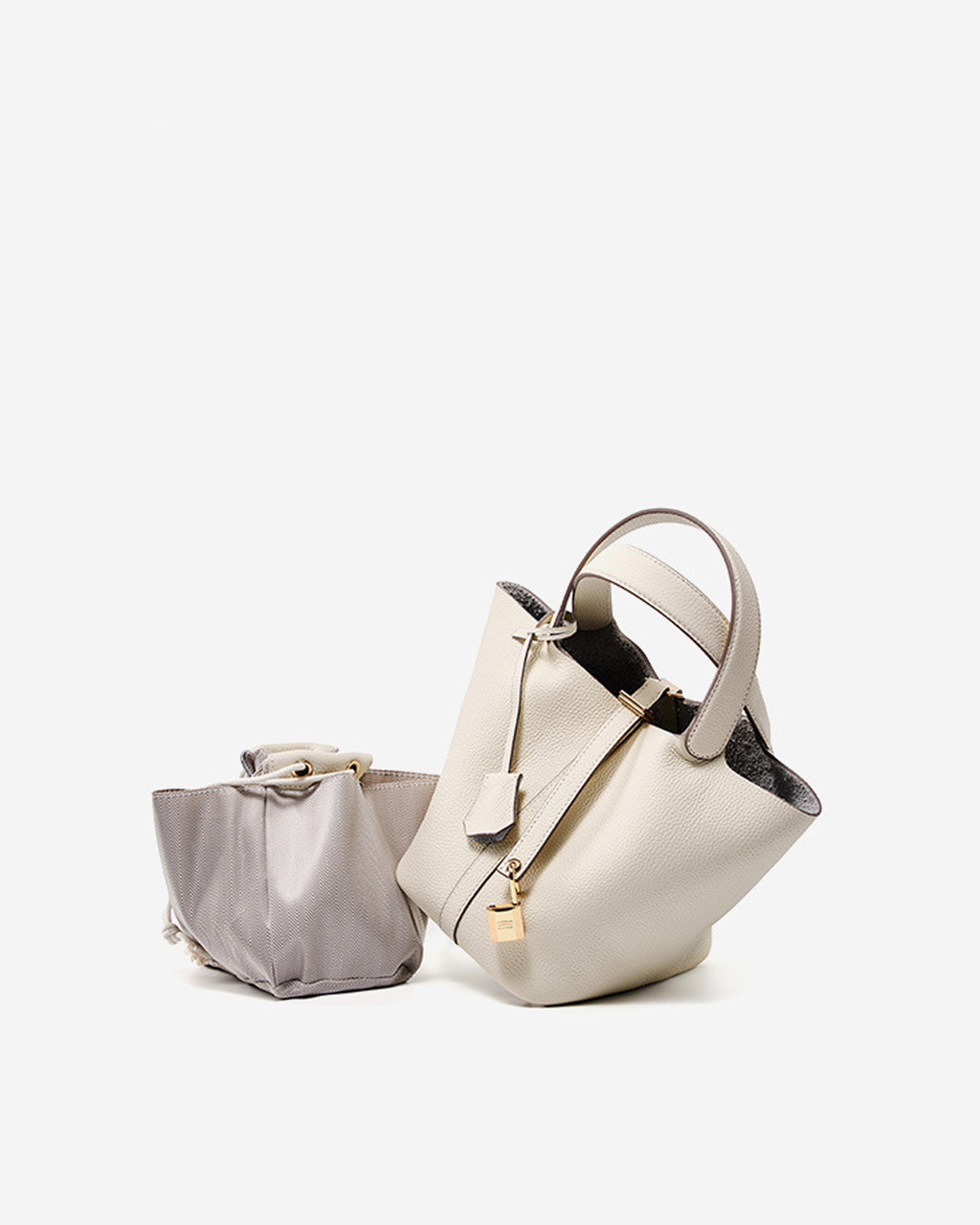 Genuine Togo Leather Bucket Bag with Lock and Key and removable pouch, Off-White color
